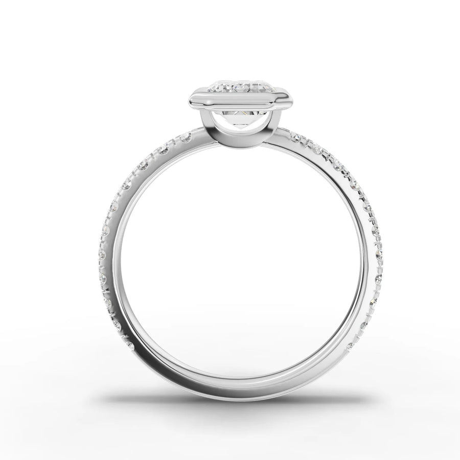Emerald bezel lab-grown ring white gold close-up