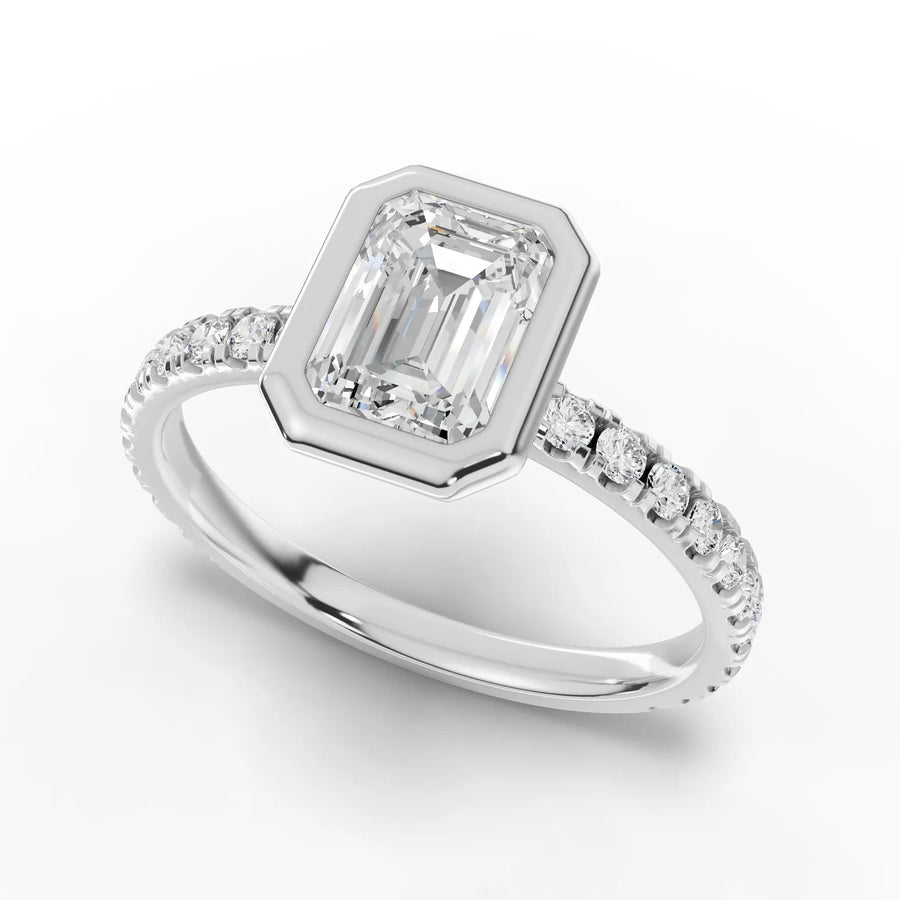 Emerald bezel diamond band ring white gold angle