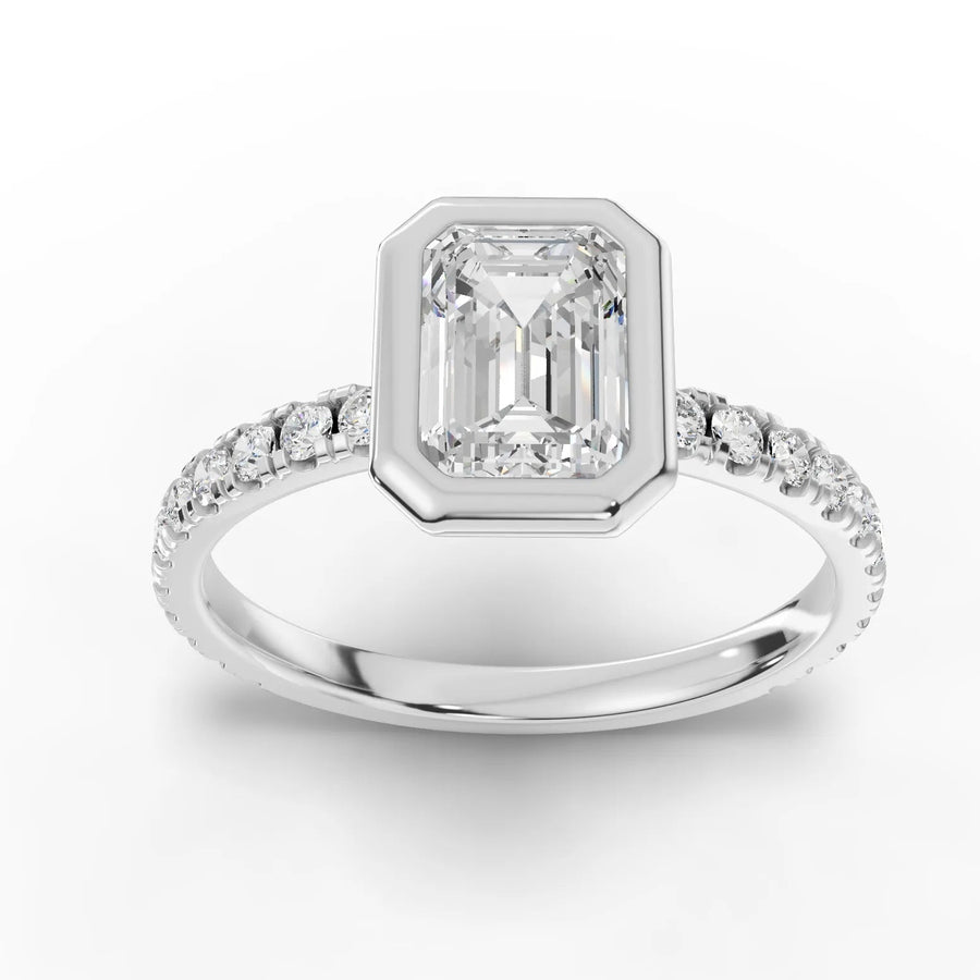 1.34 CT emerald bezel accent lab grown diamond ring with 1.00 CT center stone and round accent diamonds