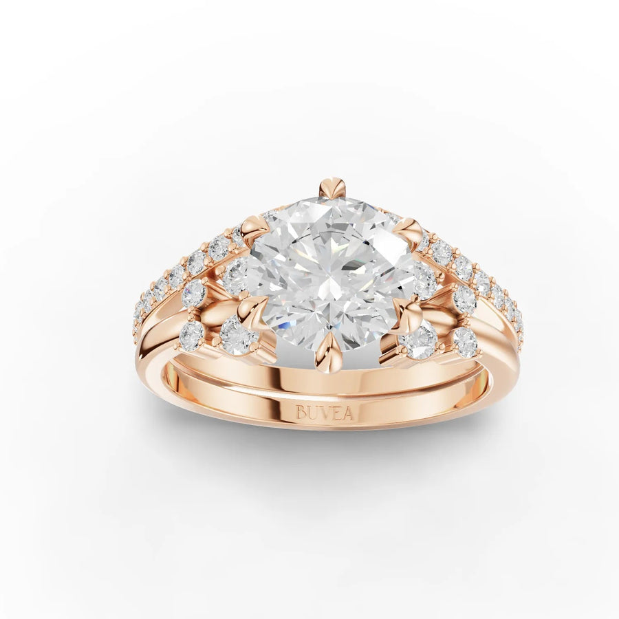 Round split-shank diamond ring rose gold top view