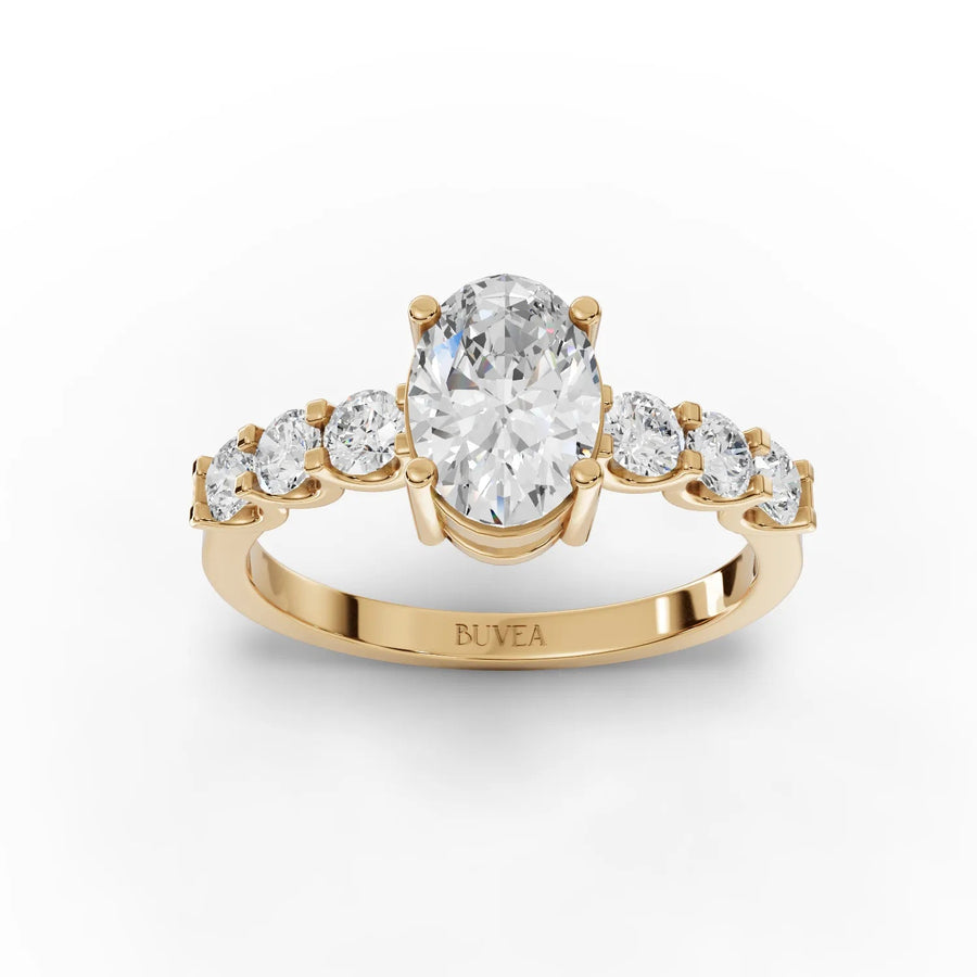 Oval cut lab-grown diamond ring yellow gold top view