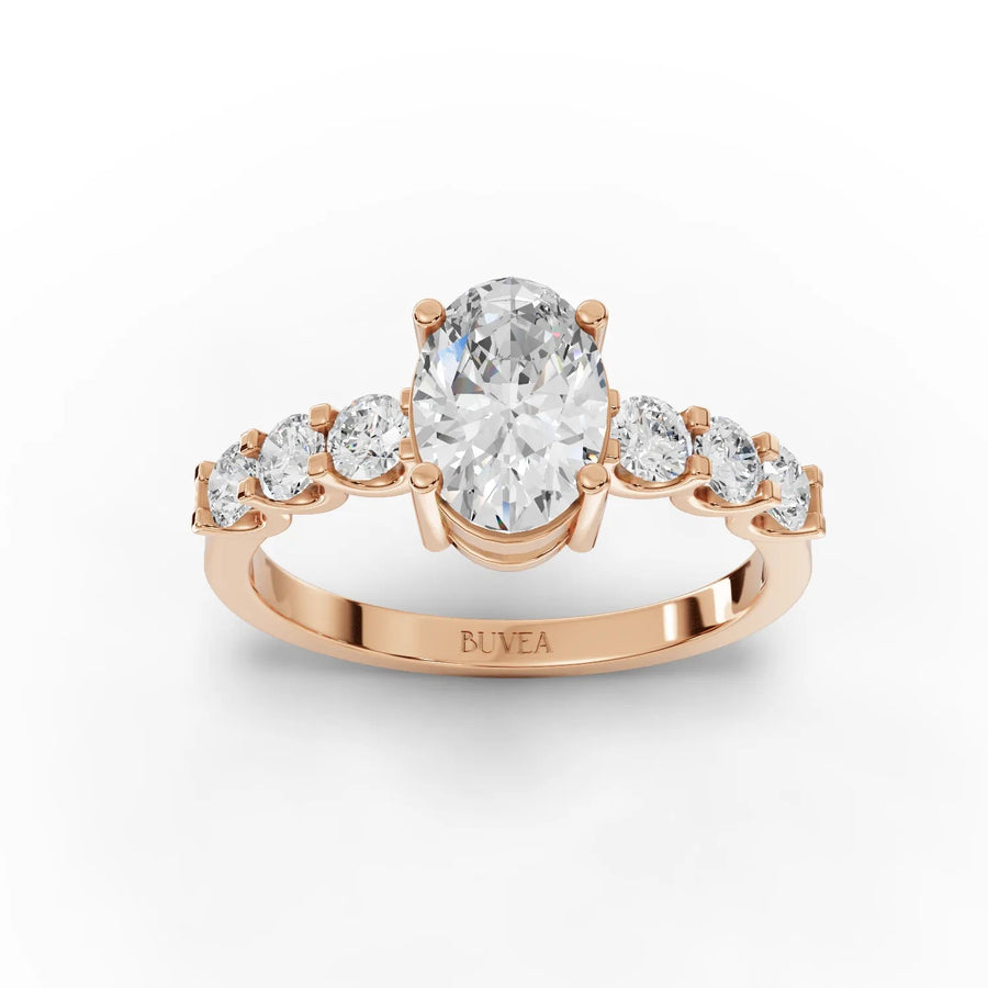 Oval cut lab-grown diamond ring rose gold top view