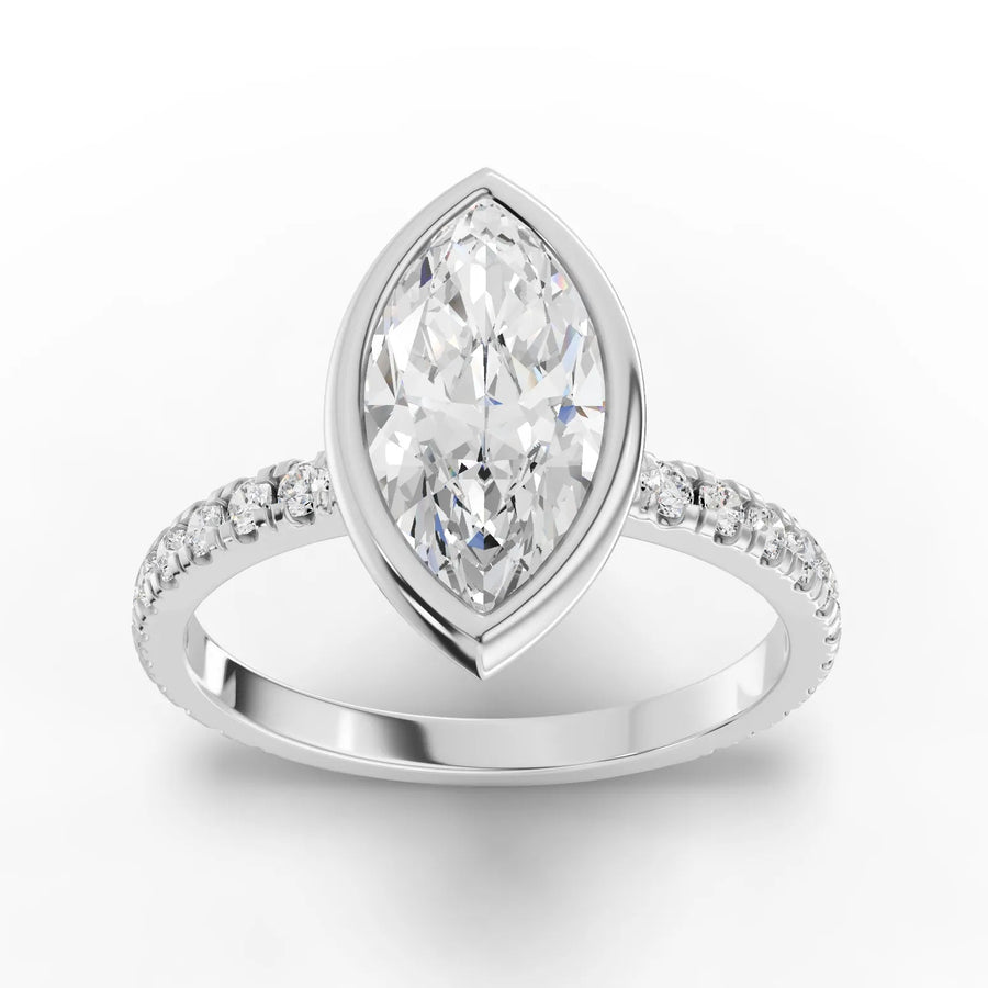 1.84 ct marquise bezel lab grown diamond ring with 1.50 ct center stone and accent diamonds on the band