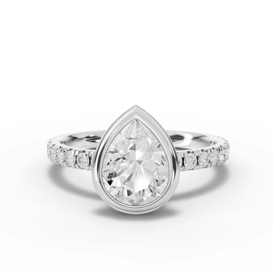 Pear bezel diamond band ring white gold angle