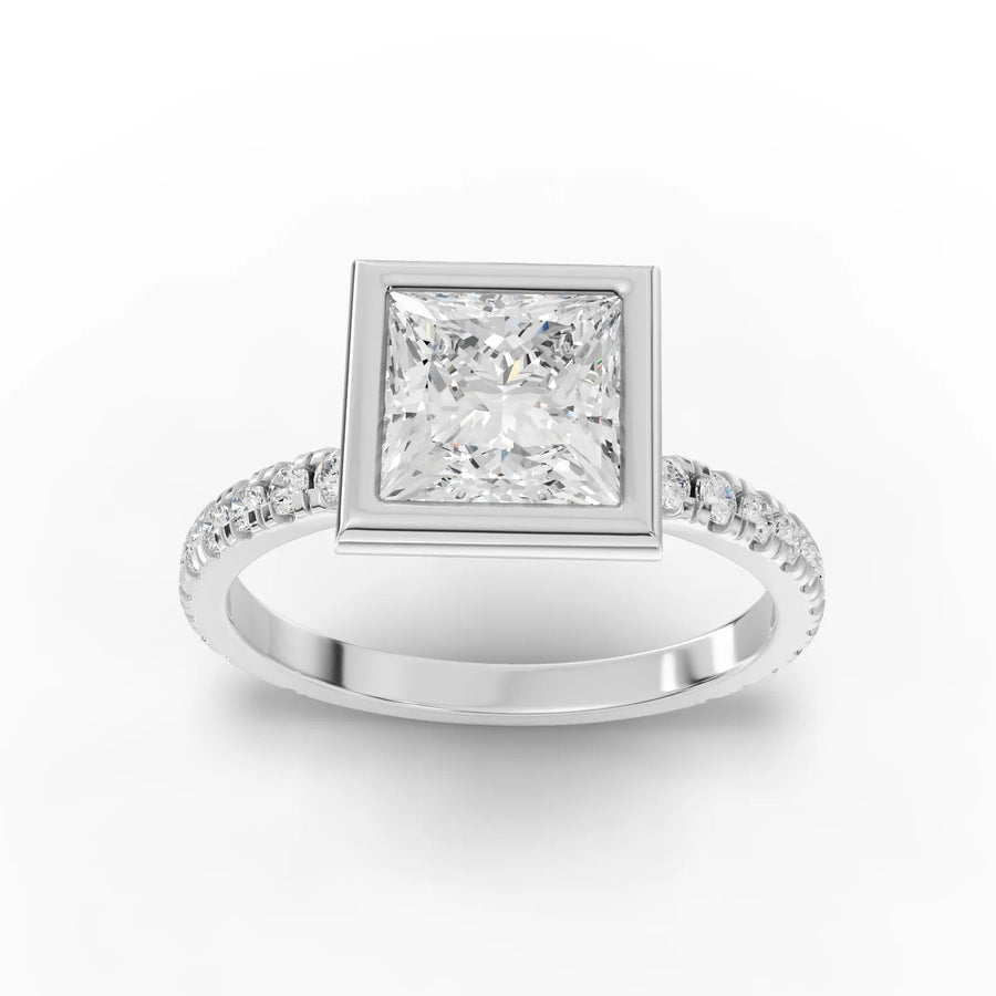 1.84 CT princess bezel accent lab grown diamond ring with 1.50 CT center stone and diamond set band