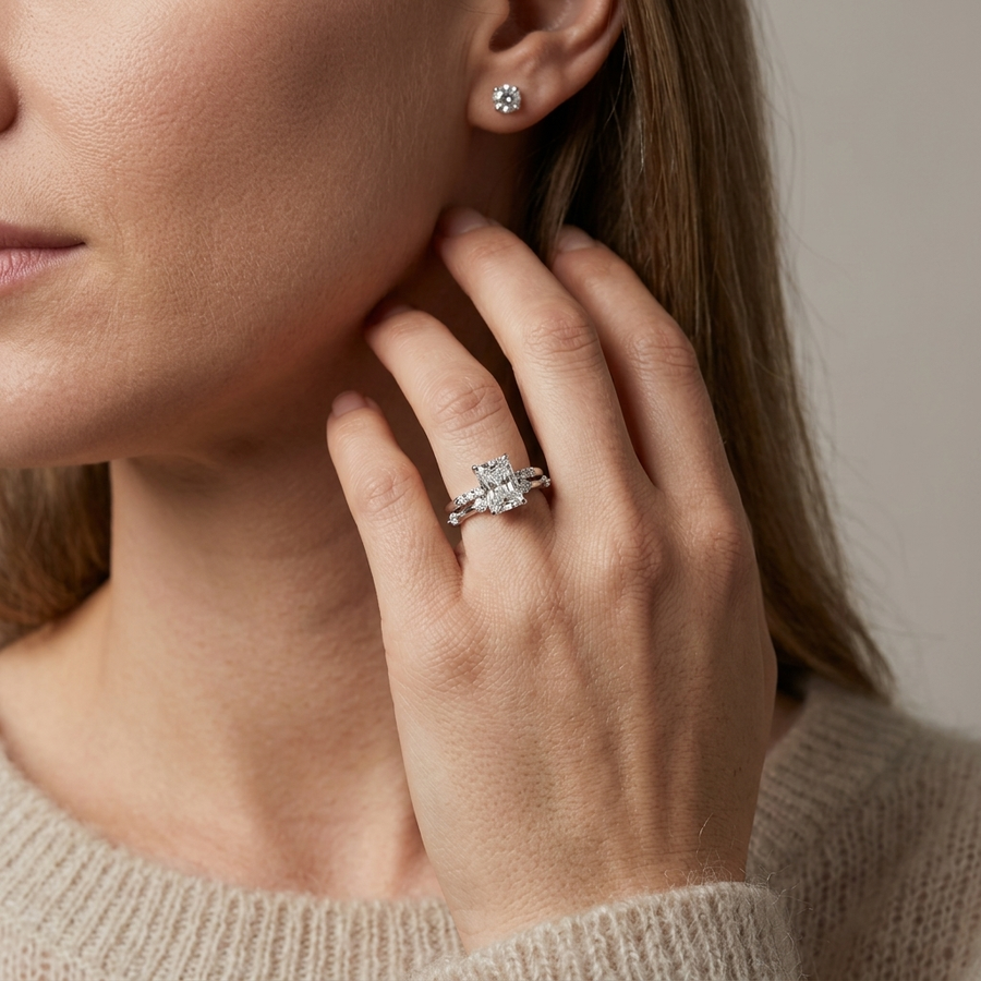 1.74 Ct Radiant Solitaire With Side Band Ring Set 1.5 Ct Center