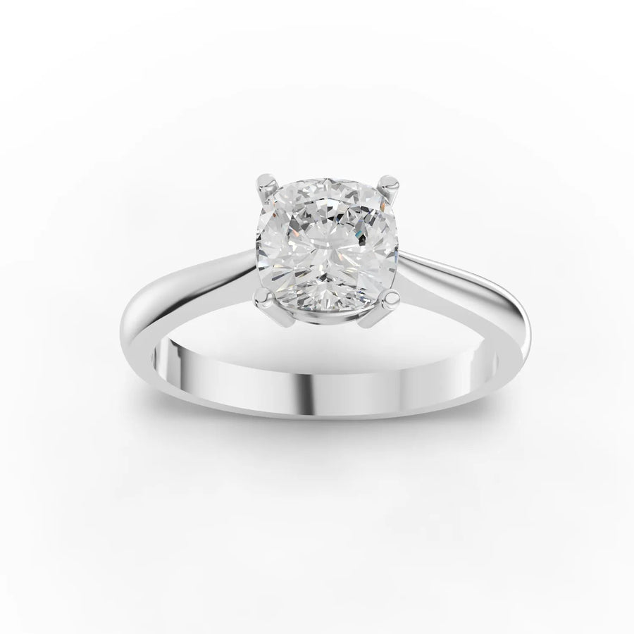 1.00 ct cushion cut lab grown diamond solitaire ring with four-prong setting and plain band