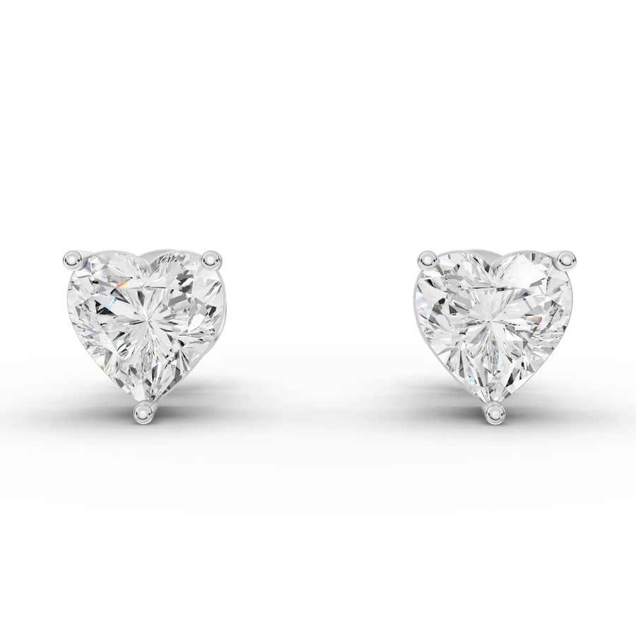 2.00 ct heart cut lab diamond stud earrings, 1.00 ct each, three-prong solitaire setting with screw backs