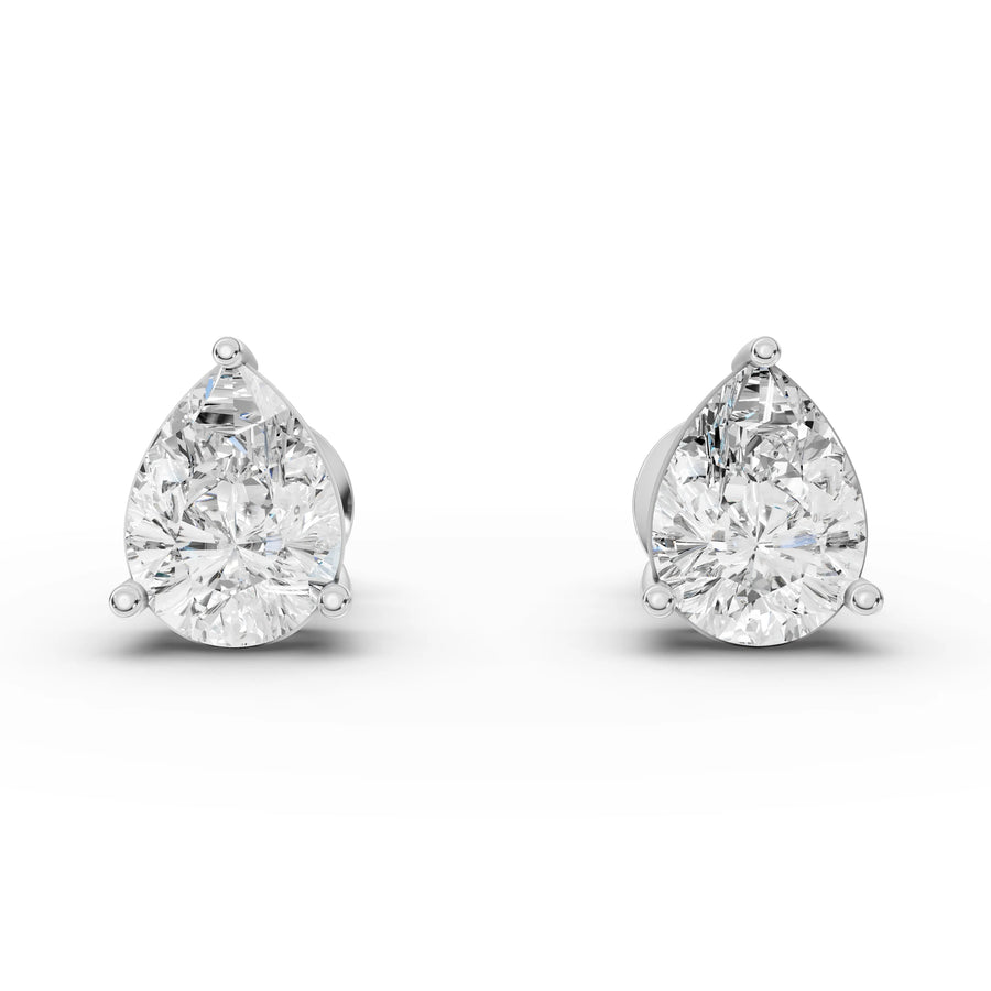 2.00 ct pear cut lab grown diamond stud earrings with 1.00 ct each in prong settings and screw backs