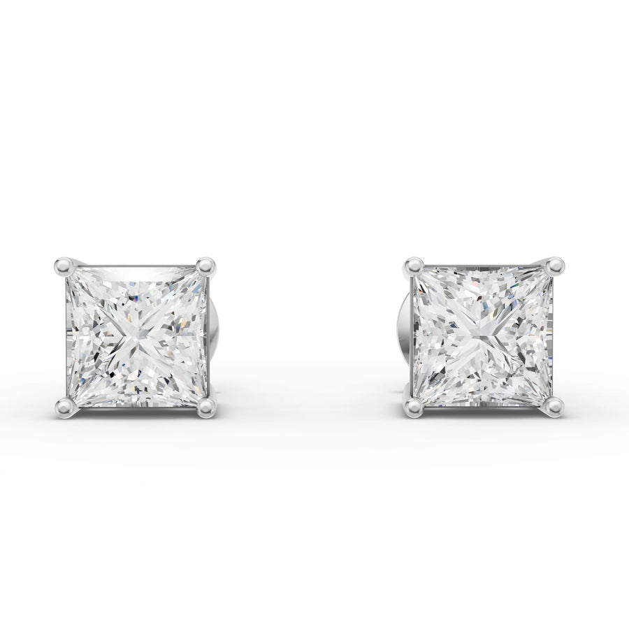 2.00 ct princess cut lab grown diamond stud earrings with 1.00 ct each in prong settings and screw backs