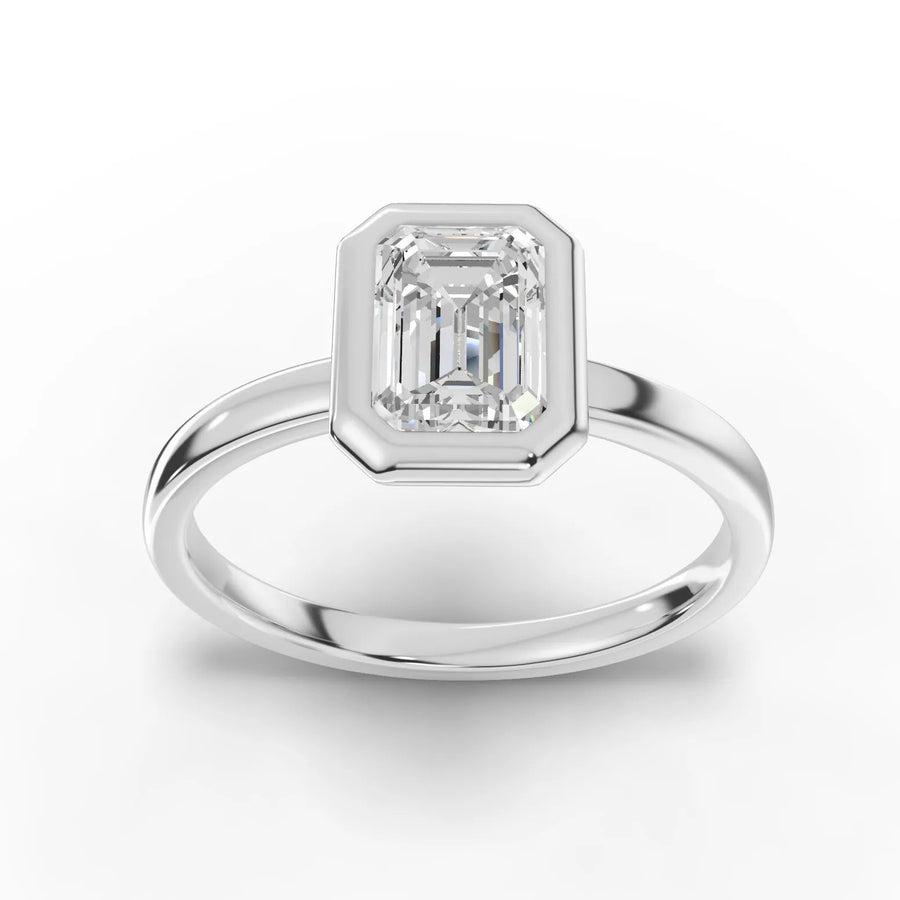 1.00 CT emerald-cut bezel lab diamond solitaire ring with full bezel setting and sleek polished band