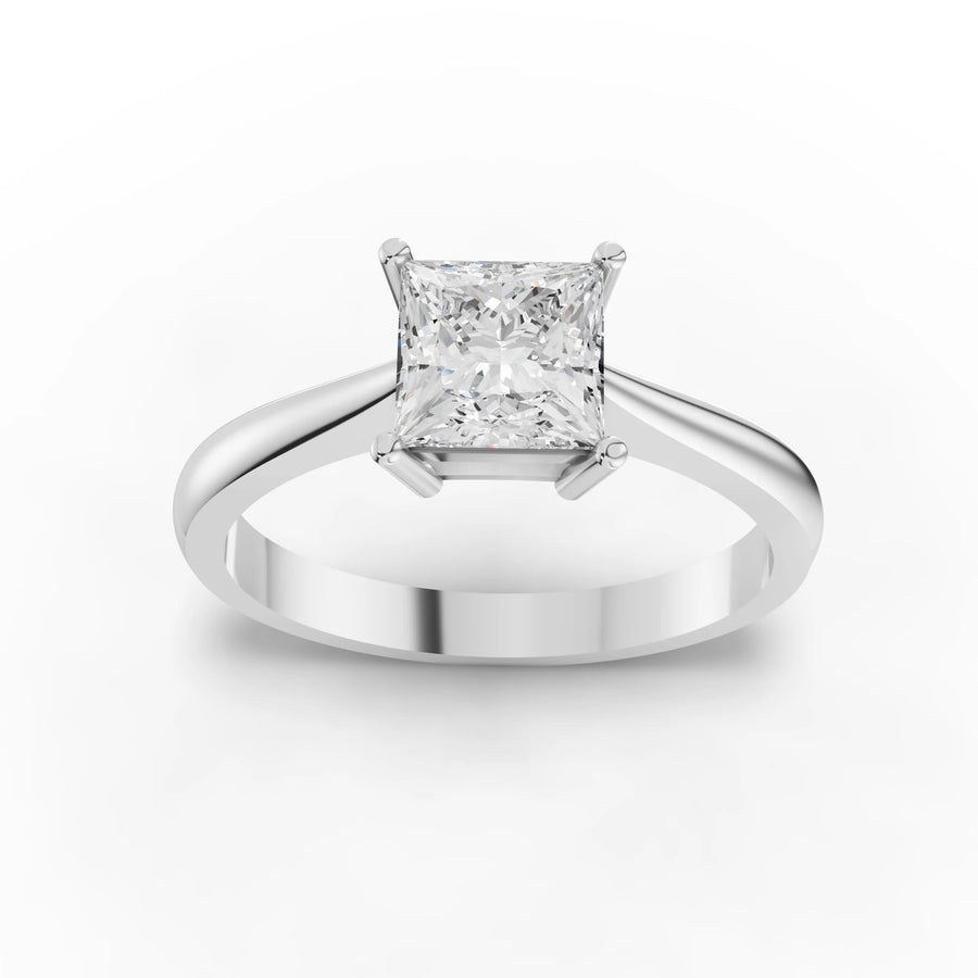 1.00 ct princess lab diamond solitaire ring with square center stone, four-prong setting, and plain band