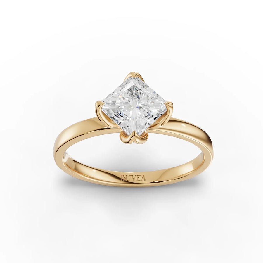 Princess cut solitaire lab-grown diamond ring yellow gold top view