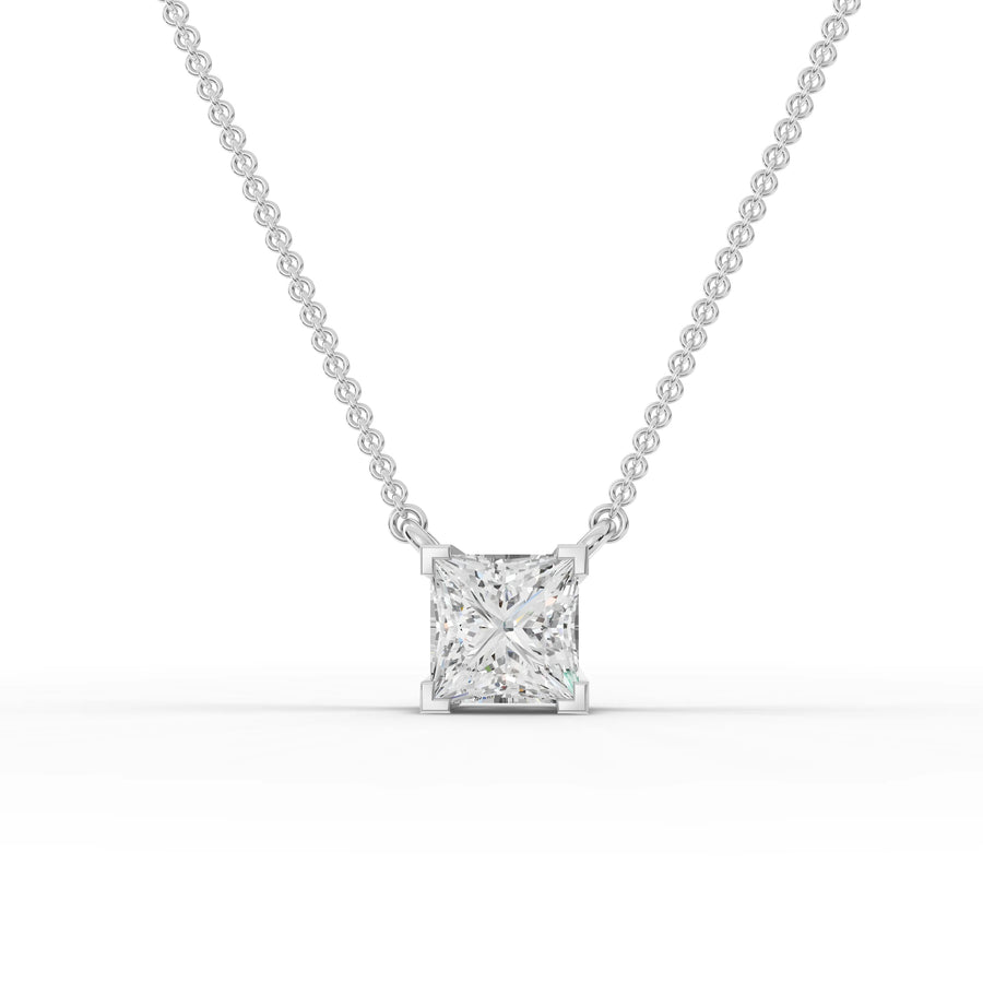 1.00 ct princess cut lab grown diamond solitaire pendant necklace with square stone and geometric frame setting