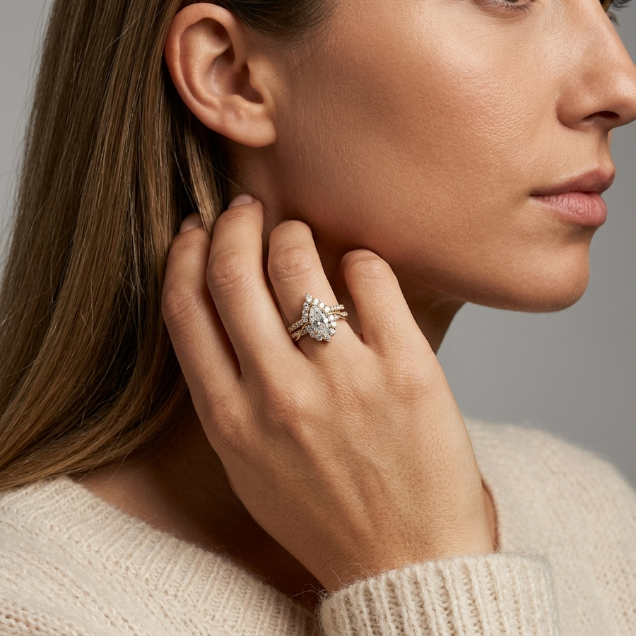 1.83 Ct Pear Halo with Split Pavé Band Set 1.00 Ct Center