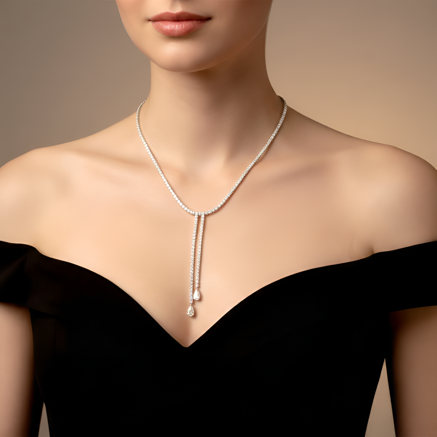 Y-Style Necklace Featuring Graduated Lab-Grown Diamonds with Dual Pear-Drop Finish