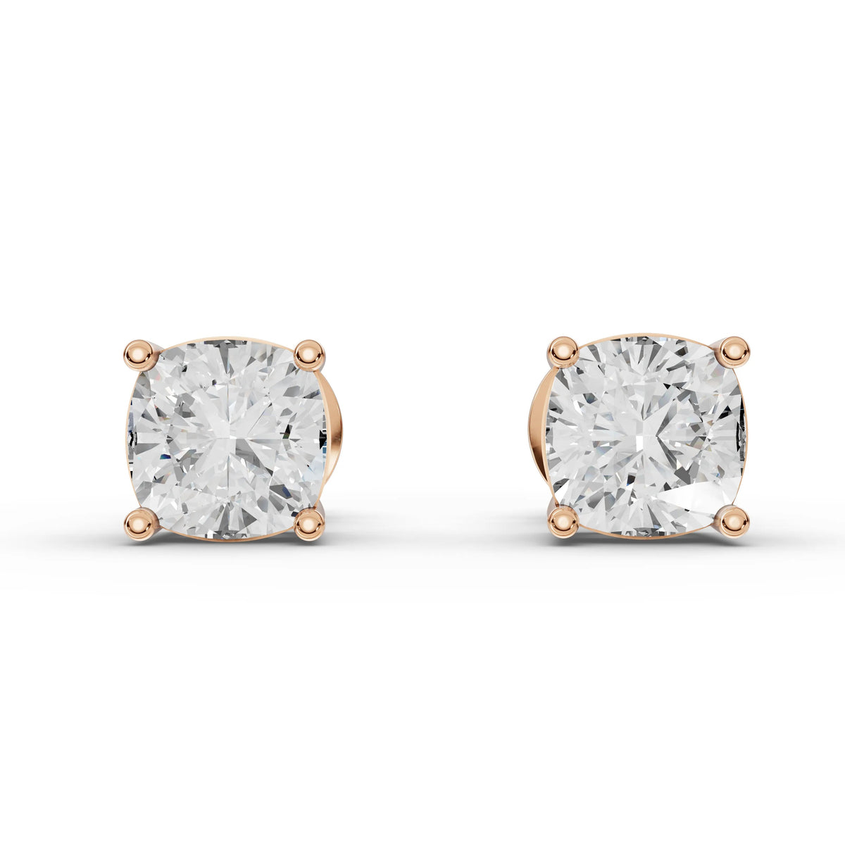 2.00 Ct Cushion Solitaire Lab Diamond Studs in rose gold, top view