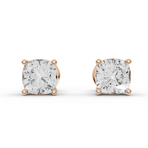 2.00 Ct Cushion Solitaire Lab Diamond Studs in rose gold, top view