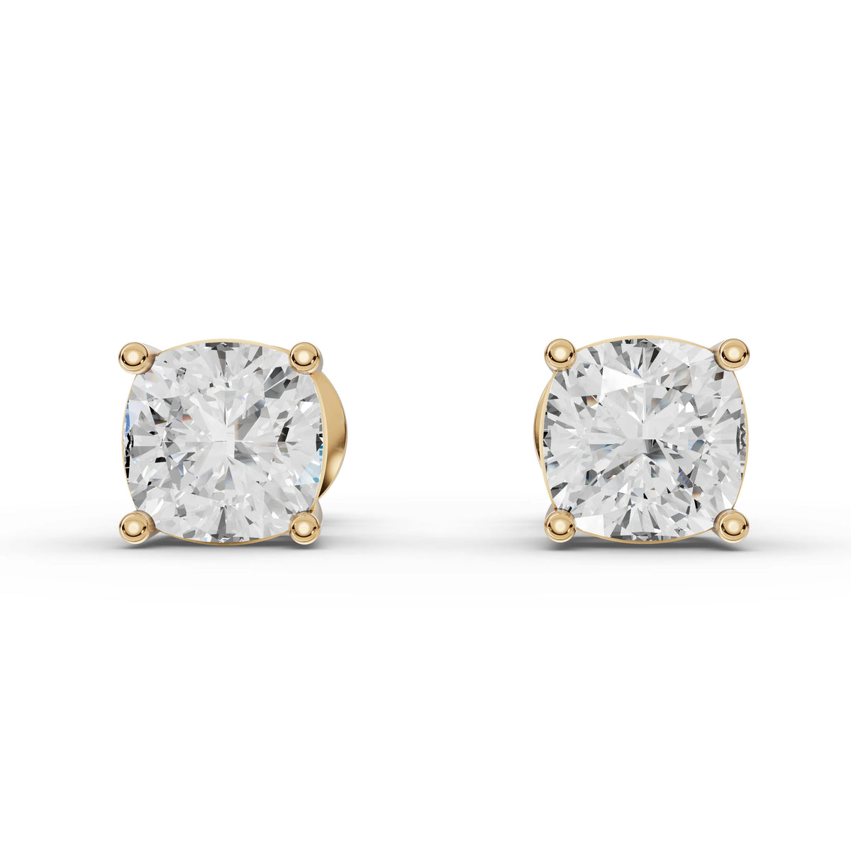 2.00 Ct Cushion Solitaire Lab Diamond Studs in yellow gold, top view