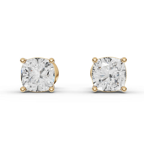 2.00 Ct Cushion Solitaire Lab Diamond Studs in yellow gold, top view
