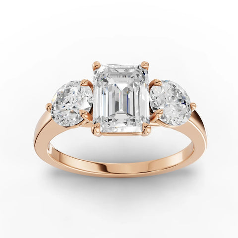 2.00 CT Emerald Three-Stone Lab Grown Diamond Ring in rose gold, top view