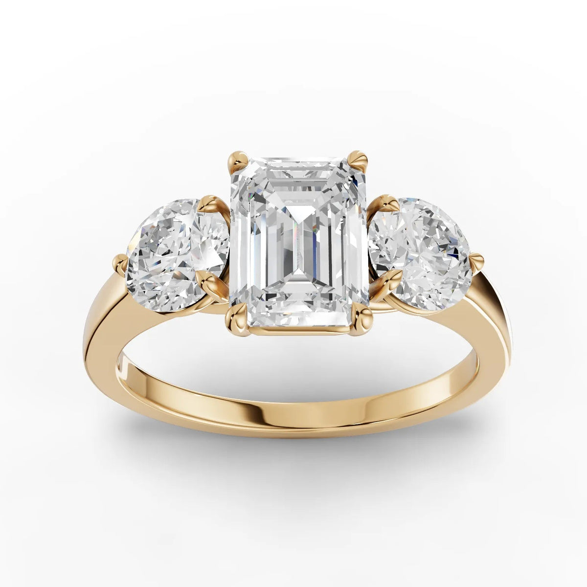 2.00 CT Emerald Three-Stone Lab Grown Diamond Ring in yellow gold, top view