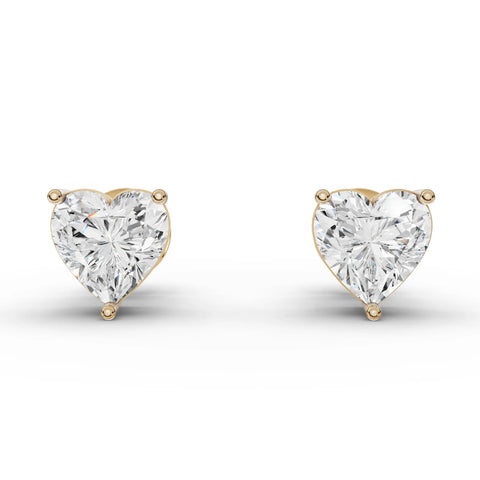 2.00 Ct Heart Solitaire Lab Diamond Studs in yellow gold, top view