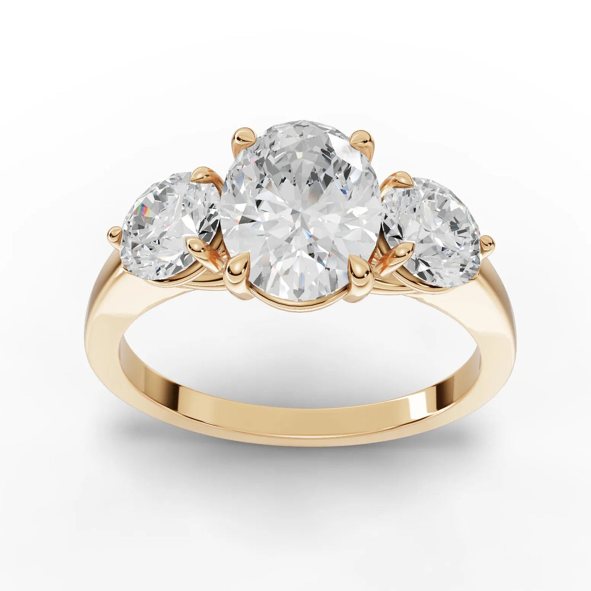2.00 CT Oval Three-Stone Lab Grown Diamond Ring in yellow gold, top view
