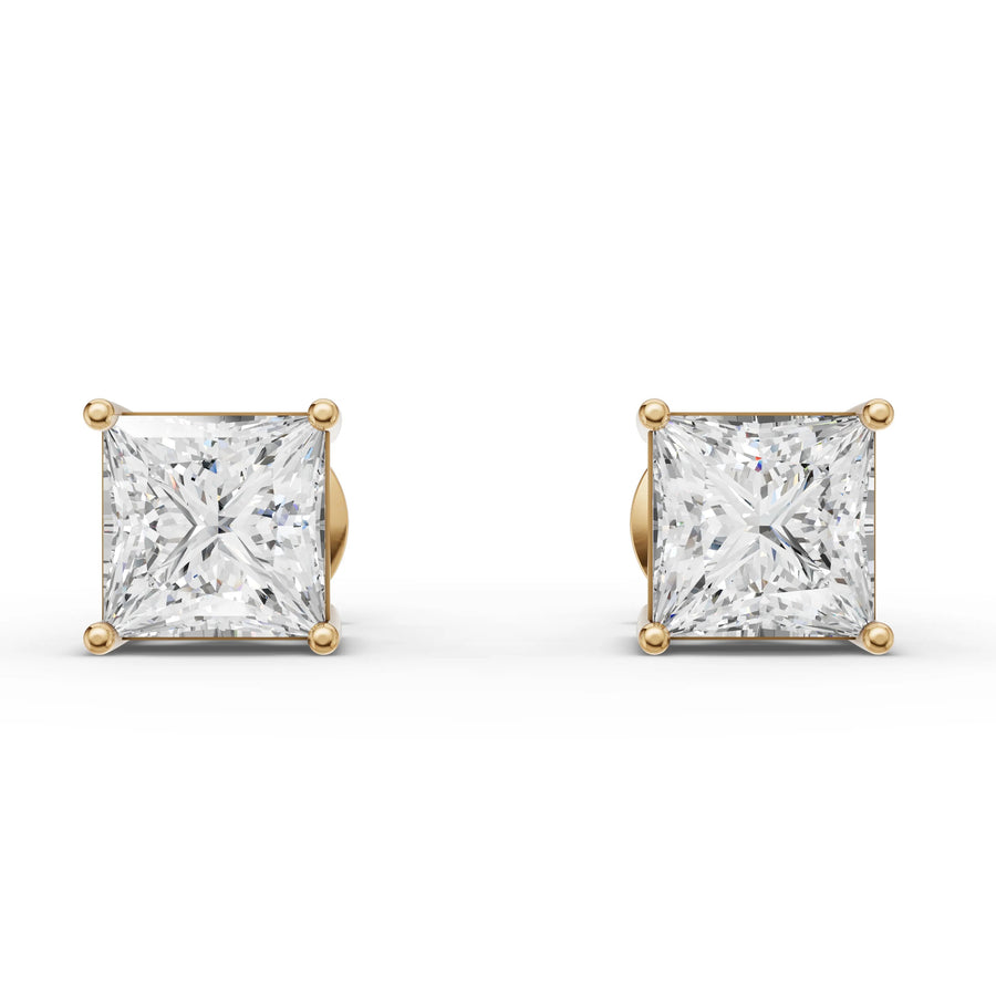 2.00 CT Princess Solitaire Lab Grown Diamond Studs in yellow gold