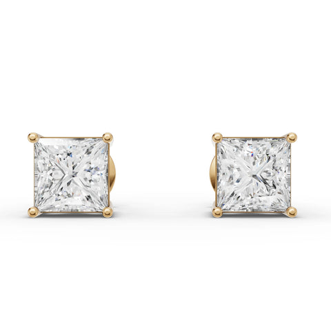 2.00 CT Princess Solitaire Lab Grown Diamond Studs in yellow gold
