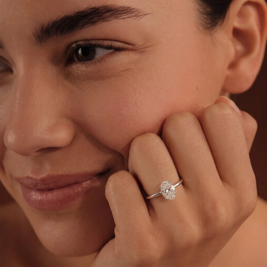 2.003 CT Oval Solitaire Lab Grown Diamond Ring 2.00 CT Center, worn on the hand 2