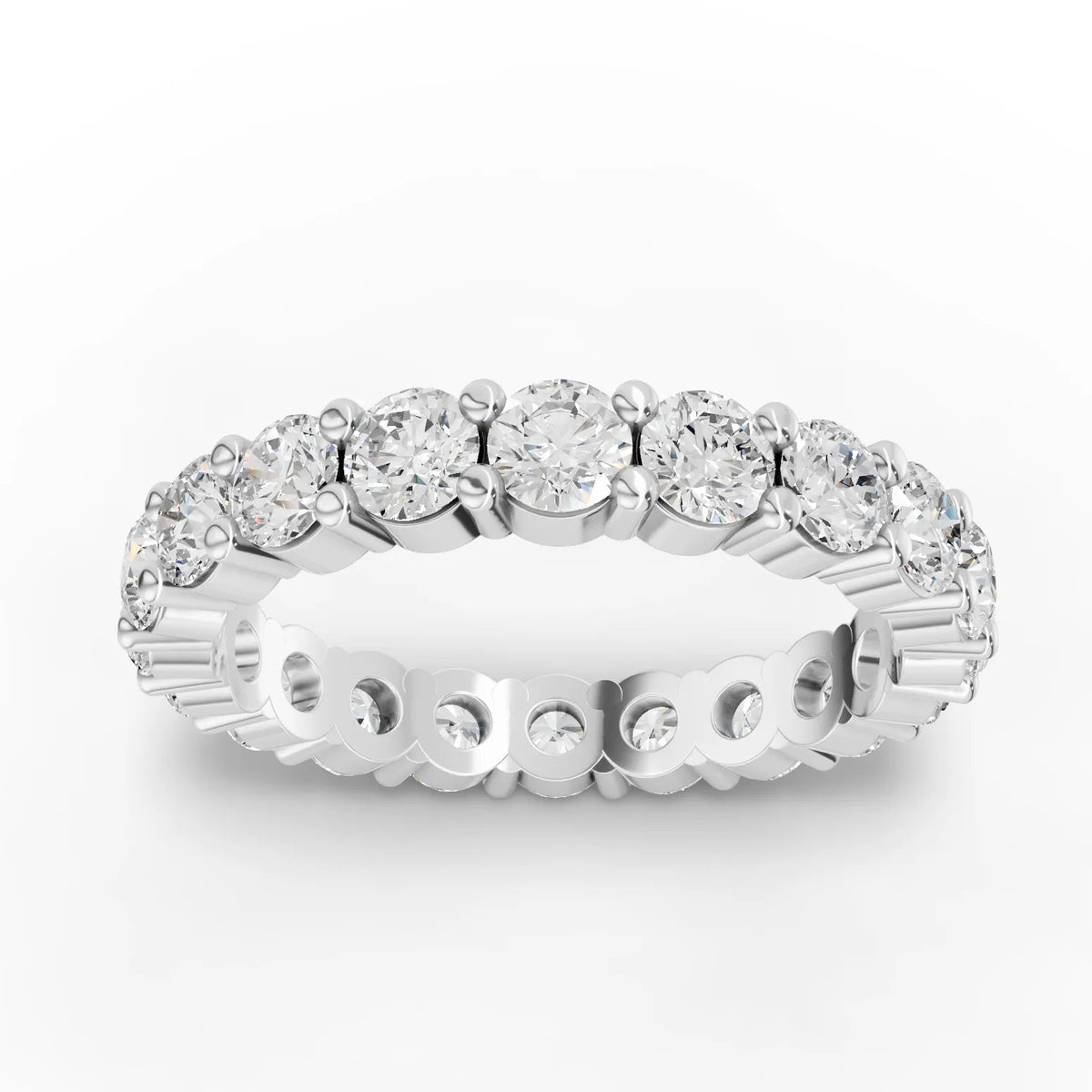 2.03 ct round lab grown diamond full eternity ring in 18kt gold with prong-set diamonds and bead accents