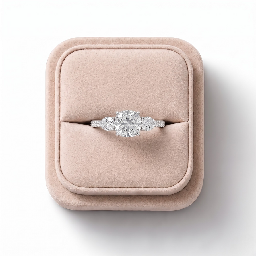 2.08 CT Cushion Three-Stone Accent Lab Grown Diamond Ring, on a white background
