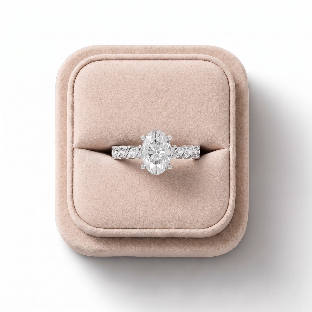2.13 CT Oval Lab Grown Diamond Marquise Side Stone Ring, on a white background