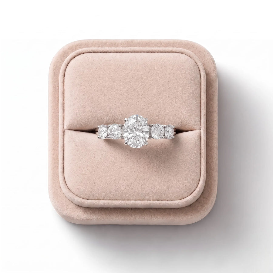 2.14 CT Oval Solitaire With Side Stone Lab Grown Diamond Ring, on a white background