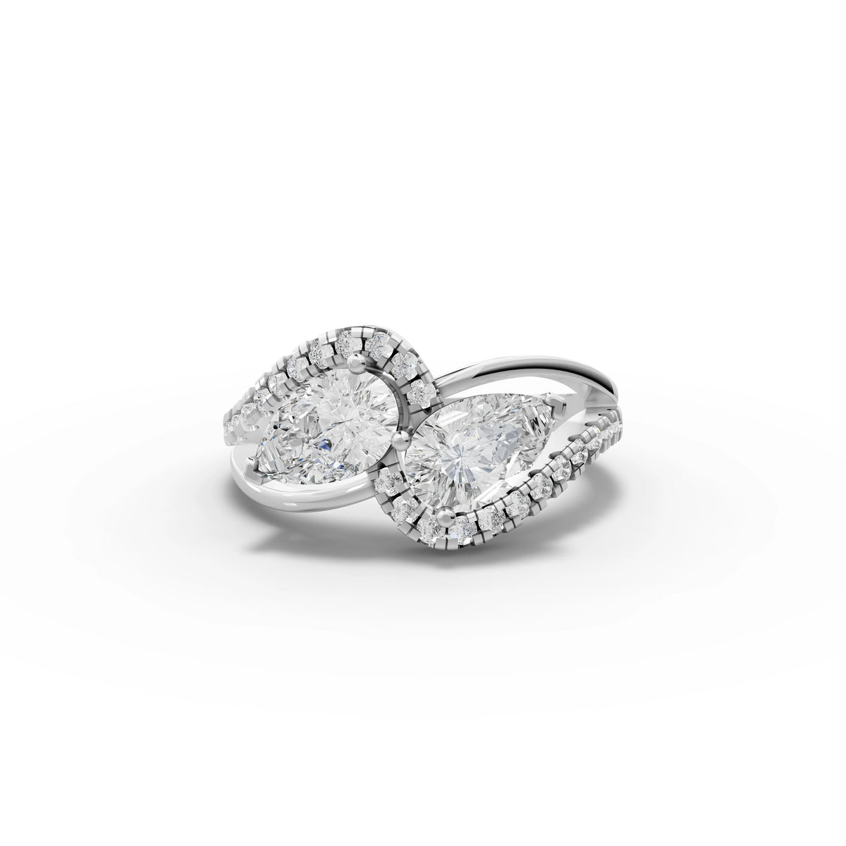 2.14 ct pear halo Toi et Moi lab diamond ring with two pear diamonds and split pavé band