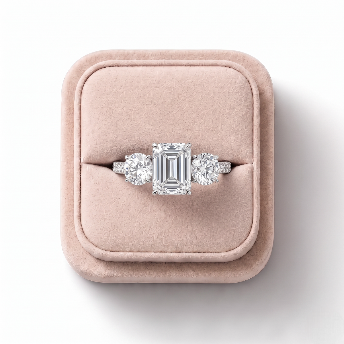 2.18 CT Emerald Three-Stone Pavé Lab Grown Diamond Ring, in its gift box