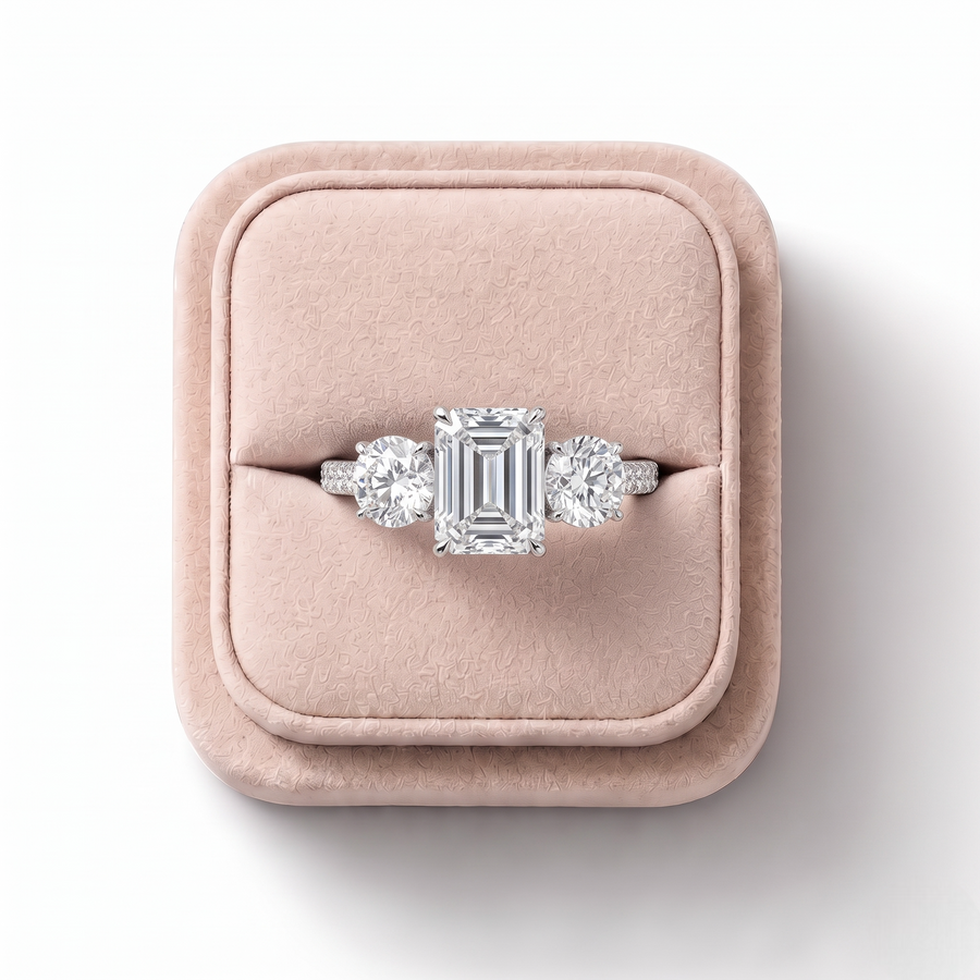 2.18 CT Emerald Three-Stone Pavé Lab Grown Diamond Ring, in its gift box
