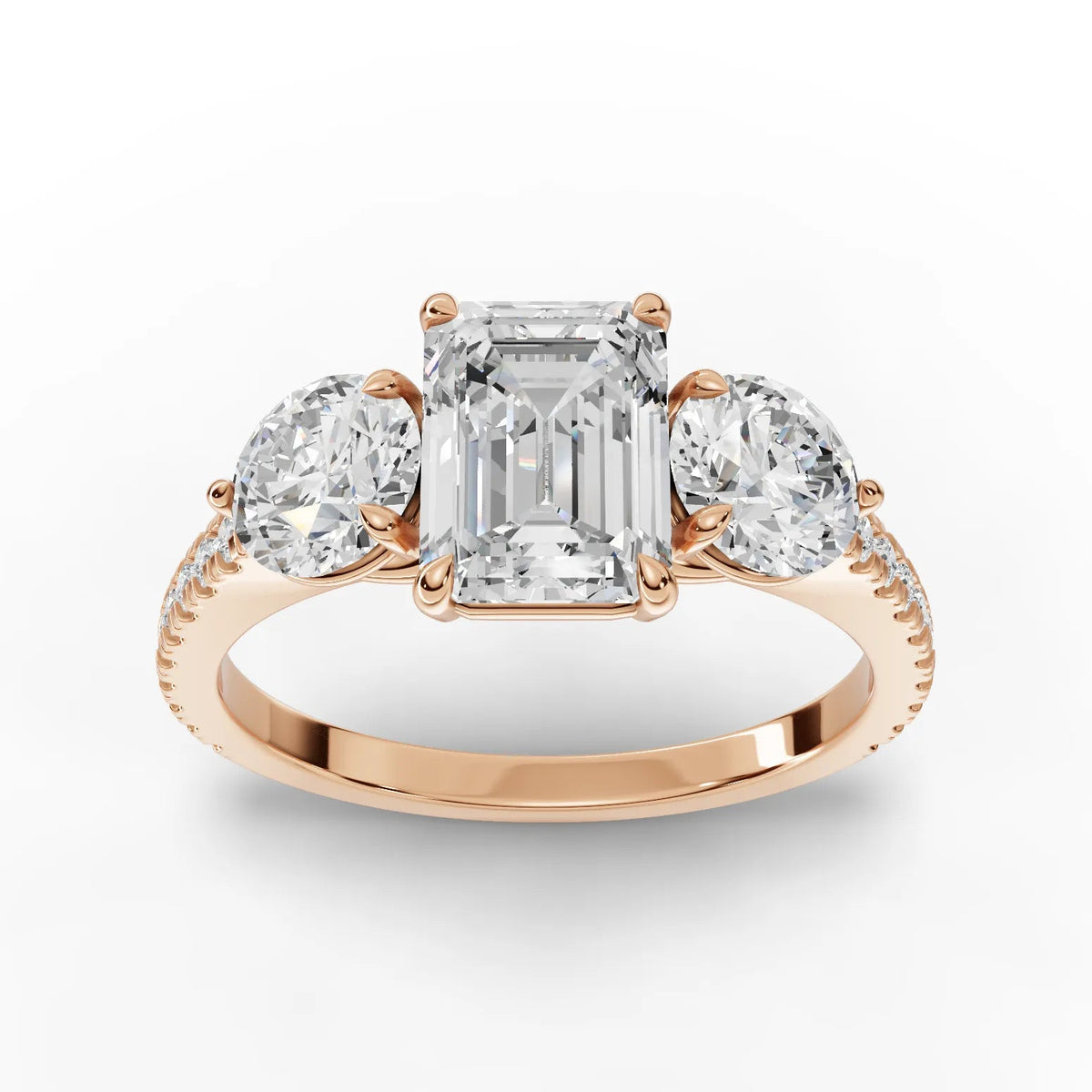 2.18 CT Emerald Three-Stone Pavé Lab Grown Diamond Ring in rose gold, top view