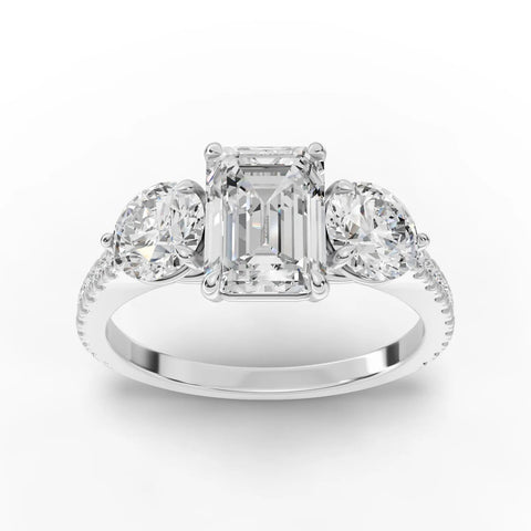 2.18 CT Emerald Three-Stone Pavé Lab Grown Diamond Ring in white gold