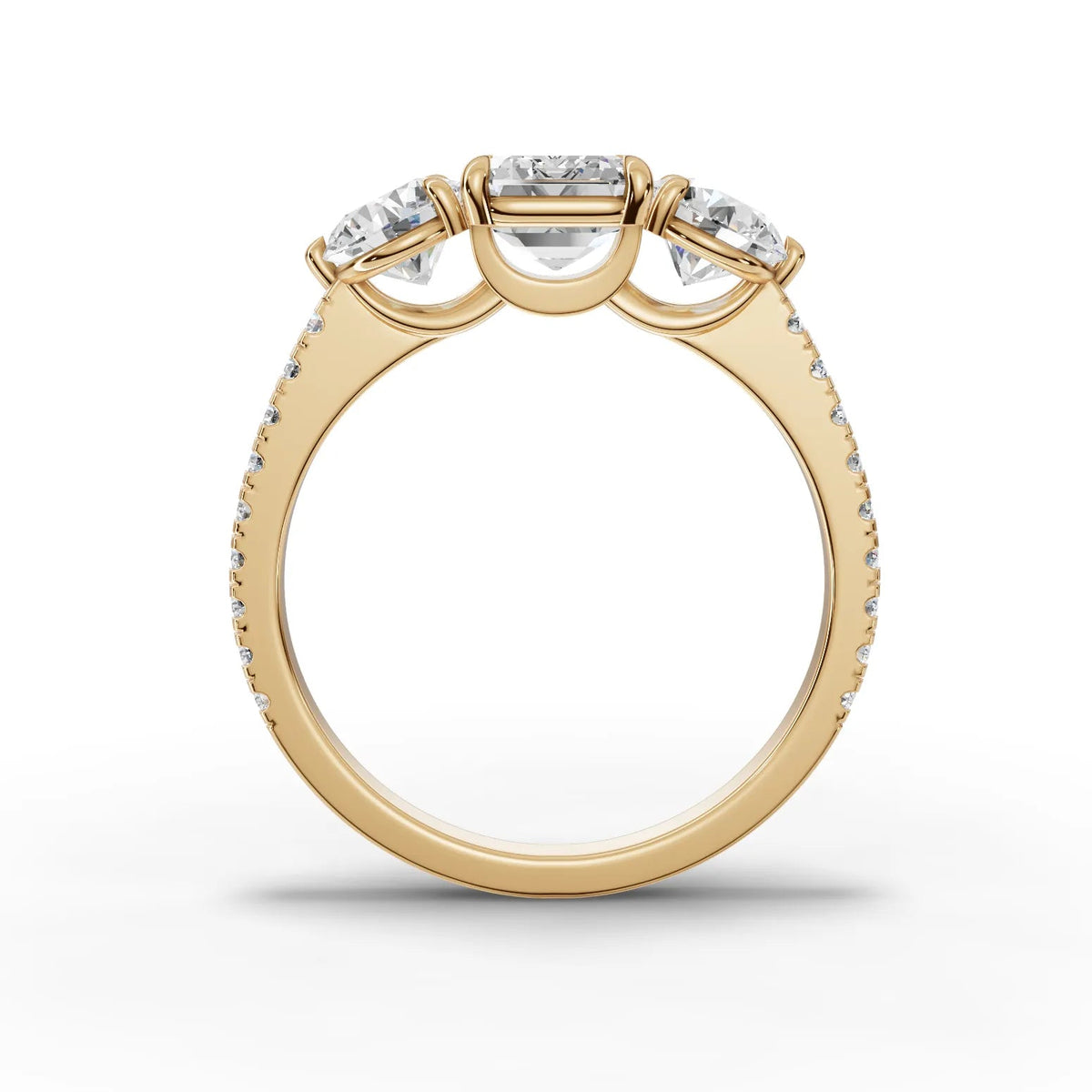 Emerald trinity diamond ring yellow gold angle