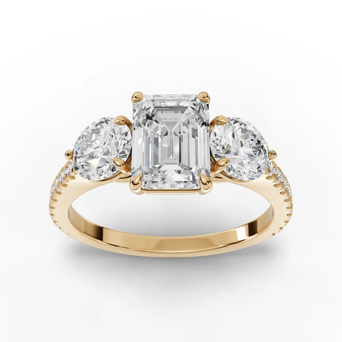 2.18 CT Emerald Three-Stone Pavé Lab Grown Diamond Ring in yellow gold, top view