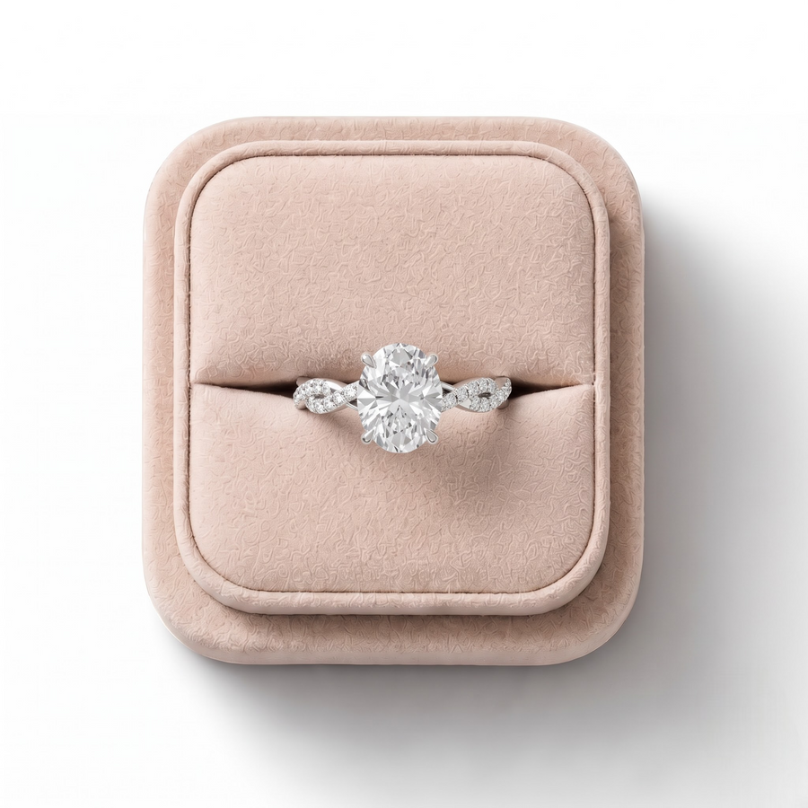 2.19 CT Oval Lab Grown Diamond Infinity Pavé Engagement Ring, on a white background