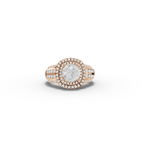2.20 Ct Round Double Halo Lab Diamond Ring with Row Band in rose gold