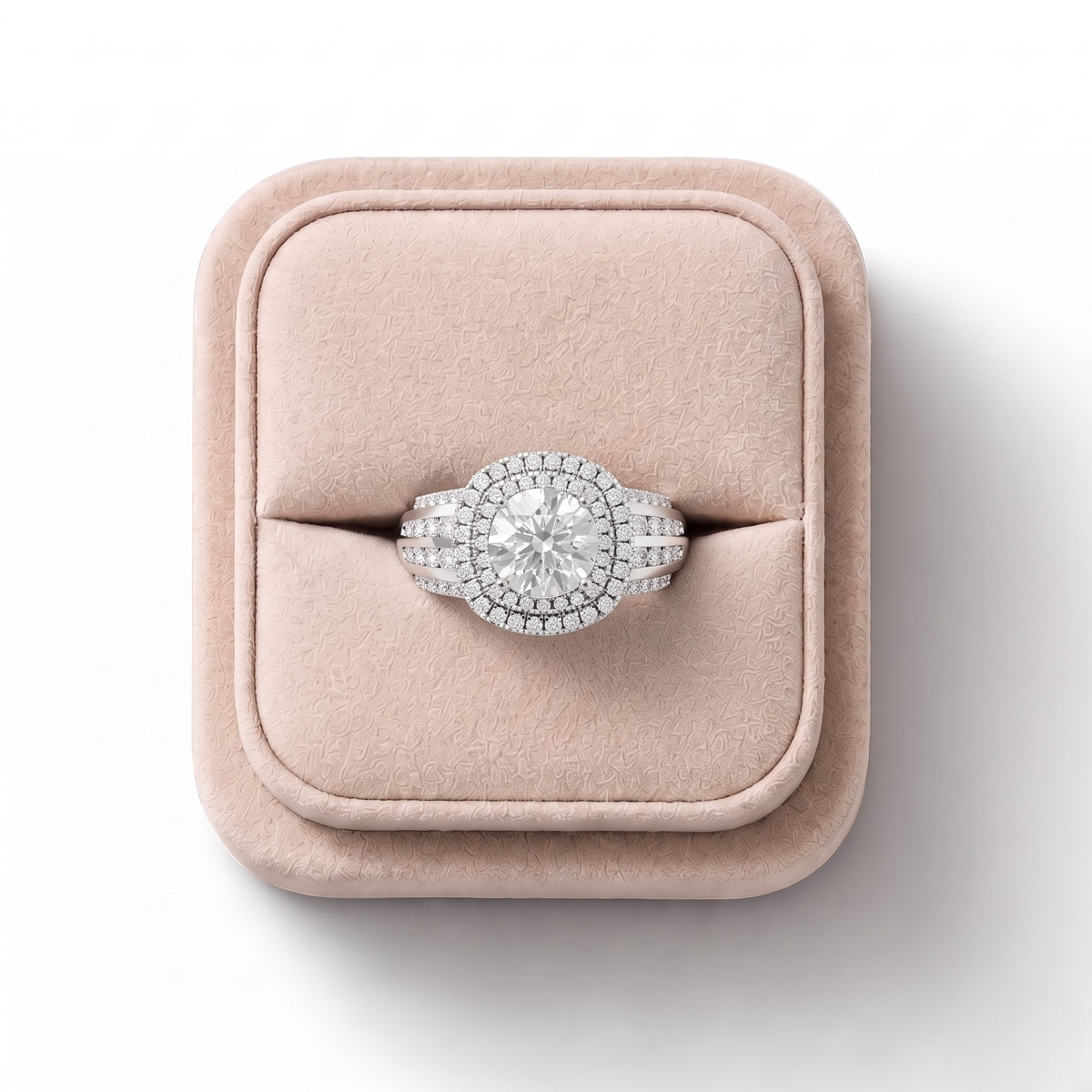 2.20 Ct Round Double Halo Lab Diamond Ring with Row Band, on a white background