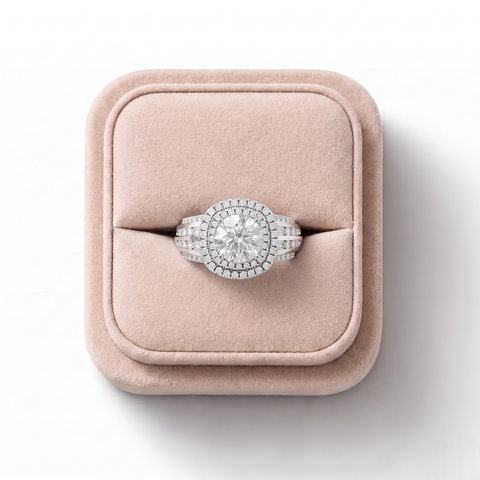 2.20 Ct Round Double Halo Lab Diamond Ring with Row Band, on a white background