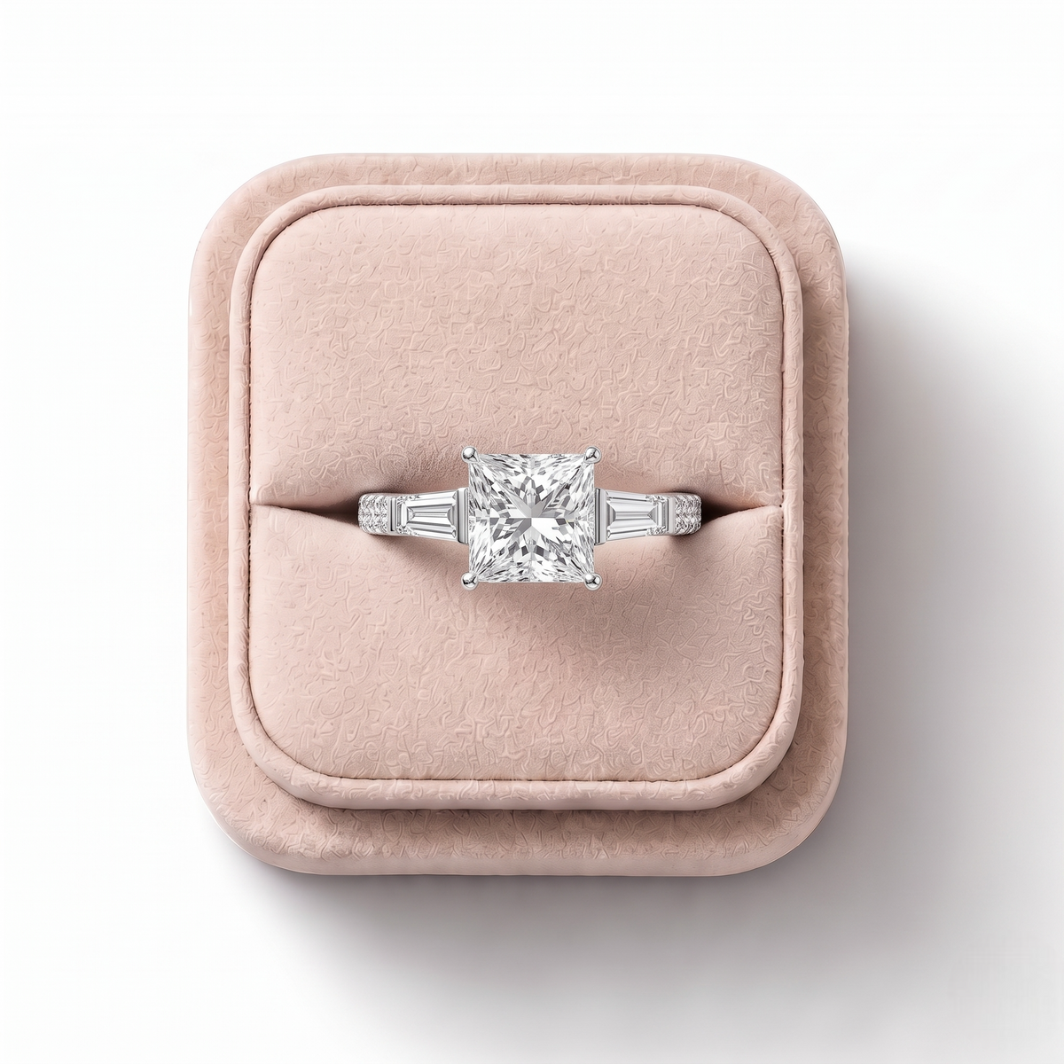2.22 CT Princess Three-Stone Pavé Lab Grown Diamond Ring, on a white background