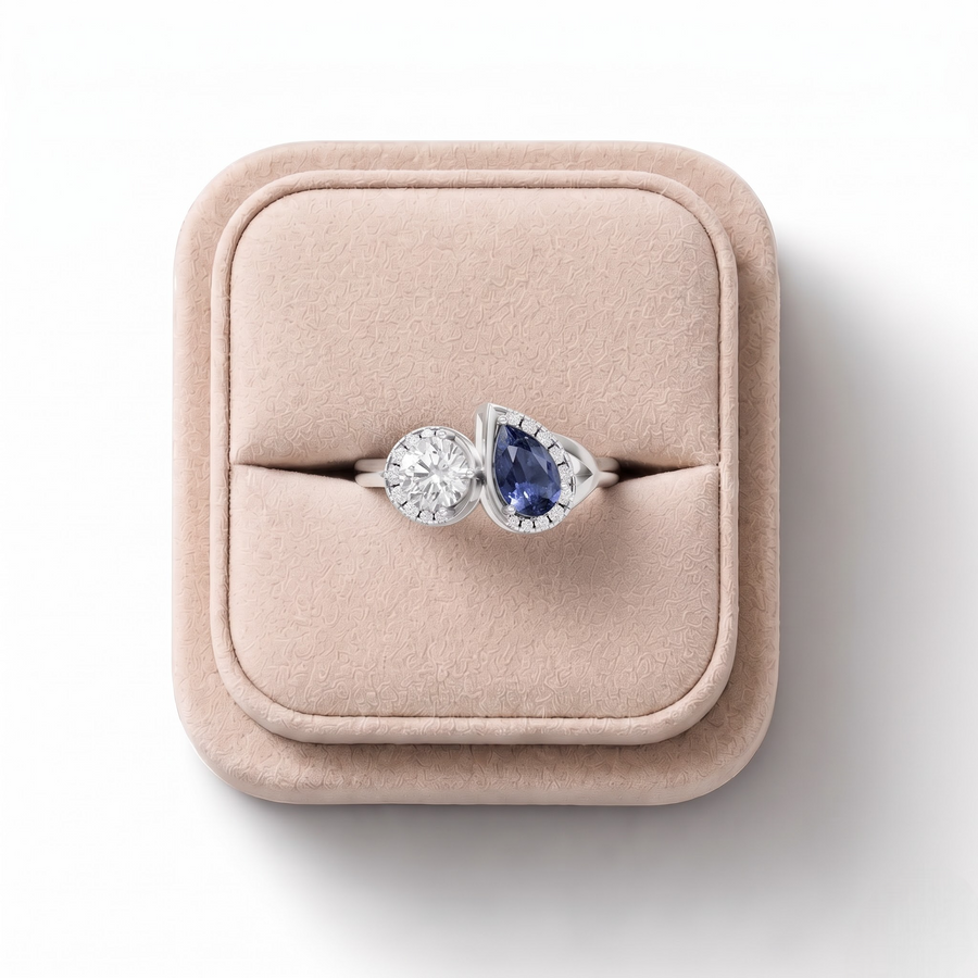 2.23 CT Blue Sapphire & Lab Grown Diamond Toi et Moi Halo Ring in white gold, on a white background