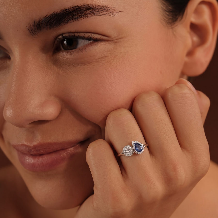 2.23 CT Blue Sapphire & Lab Grown Diamond Toi et Moi Halo Ring, worn on the hand 2
