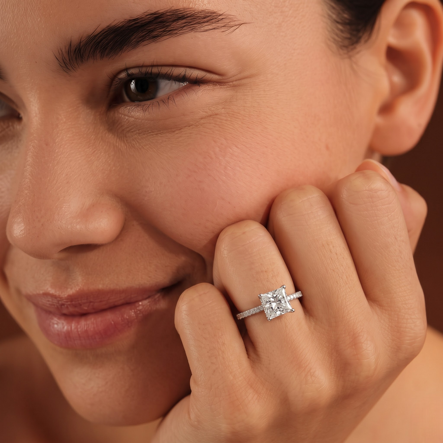2.23 CT Princess Hidden Halo Pavé Lab Grown Diamond Ring, worn on the hand 2